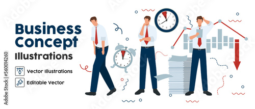 Business Concept illustrations. set Collection of scenes with men taking part in loss business activities. Vector illustration