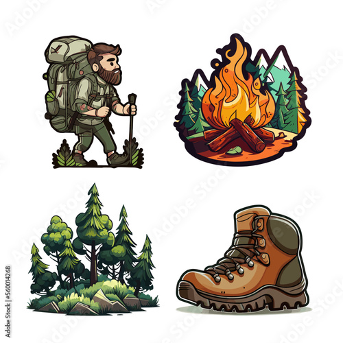 Hiking, trekking, travel. Set of cartoon stickers. Generative art