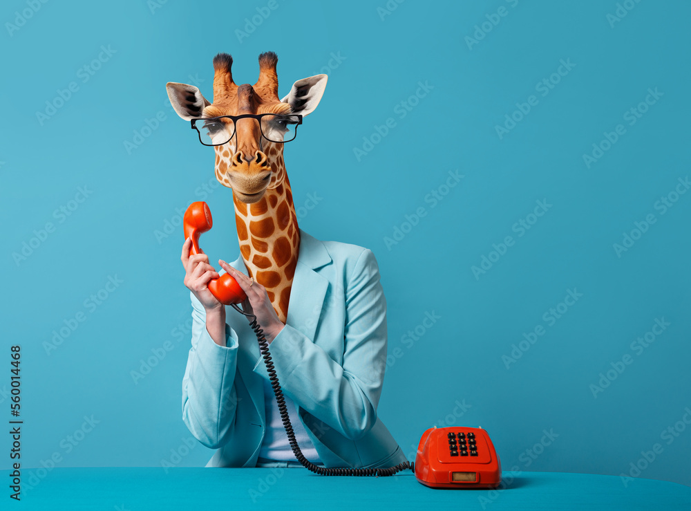  Business giraffe talking over the phone over a blue background, concept. AI elements used. 
 - obrazy, fototapety, plakaty 