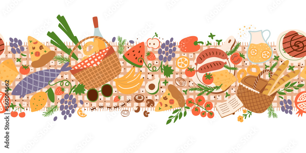 Picnic party seamless border. Summer picnic season food. Cute picnic food seamless background with baskets, roasted sausages, tomatoes, vegetables, fruits. Hand drawn summer food vector illustration.
