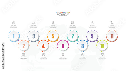 Process infographic with 11 steps, process or options.