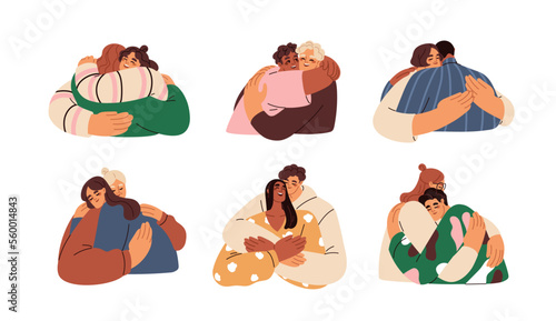 Happy people hugging set. Friends, couples, families embracing, cuddling. Love, support and trust in different relationships concept. Flat graphic vector illustrations isolated on white background