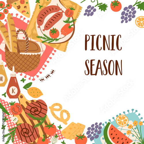 Picnic season poster with picnic basket  food  grilled sausages  pizza. Summer picnic party illustration. Outdoor party background  banner  invitation on red checkered plaid. Outdoors weekend.