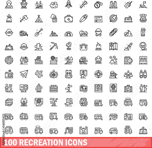 100 recreation icons set. Outline illustration of 100 recreation icons vector set isolated on white background