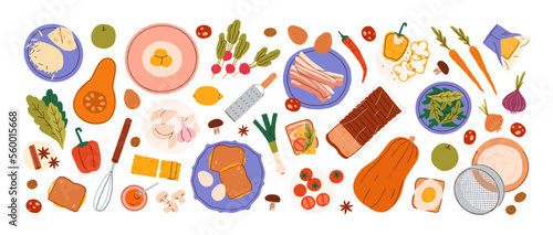 Food ingredients for cooking. Fresh vegetables, flour and sieve, bacon, grated cheese, toast bread, eggs, squash, tomato, kitchen tools set. Flat vector illustrations isolated on white background