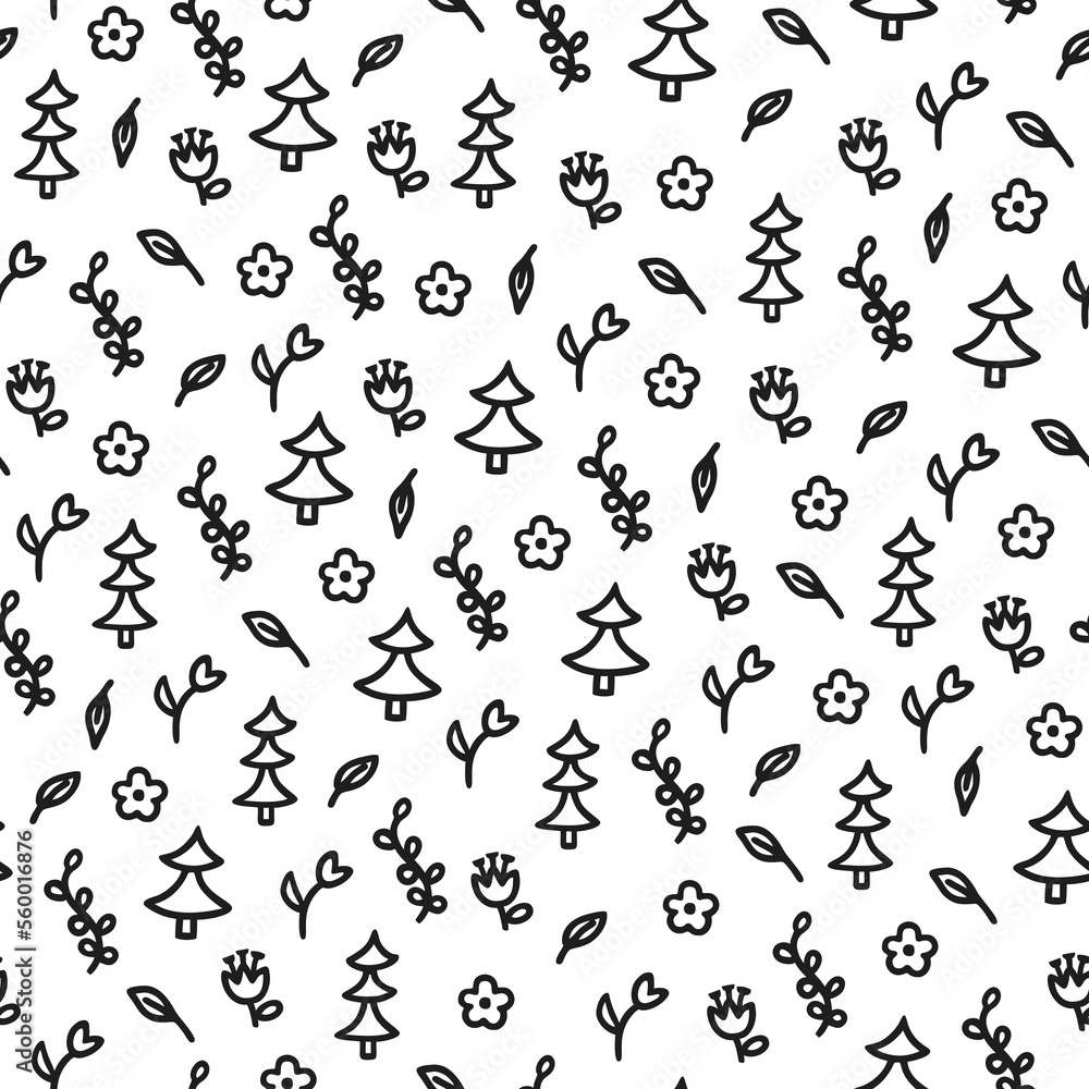 Seamless pattern with plants and flowers on a white background in doodle style. Seamless pattern with plants and flowers on a white background in doodle style.