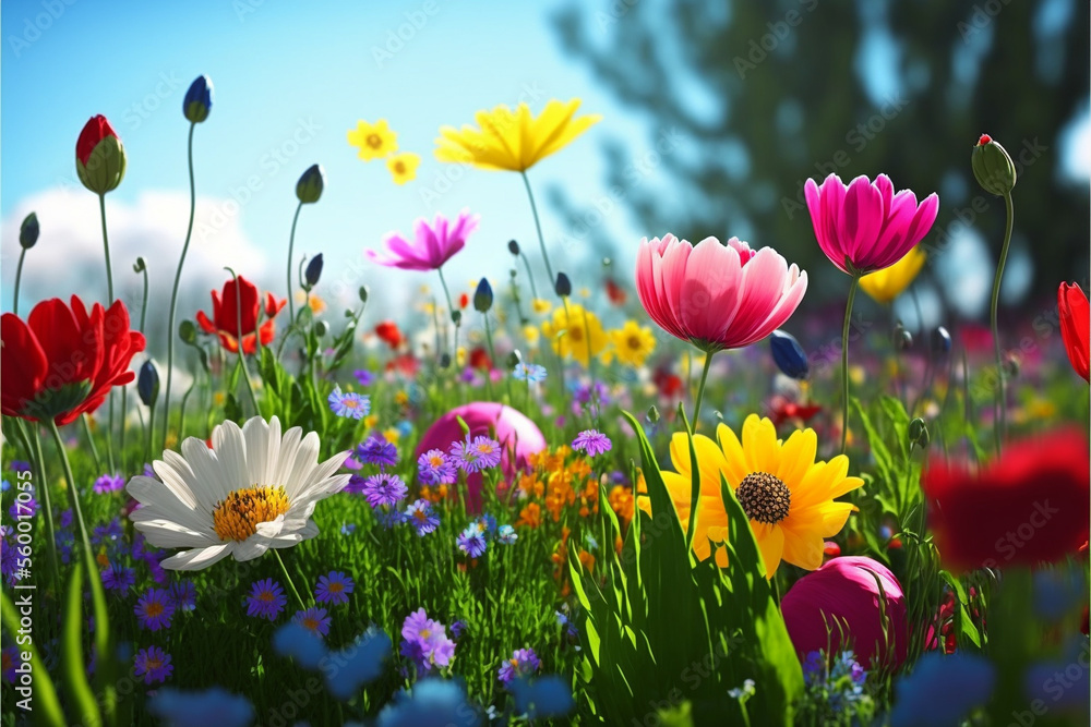 a field full of beautiful flowers on a sunny day with a lot of green grass around
