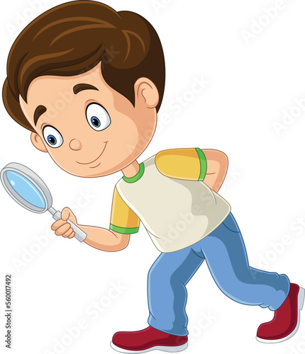 Cartoon little boy using a magnifying glass
