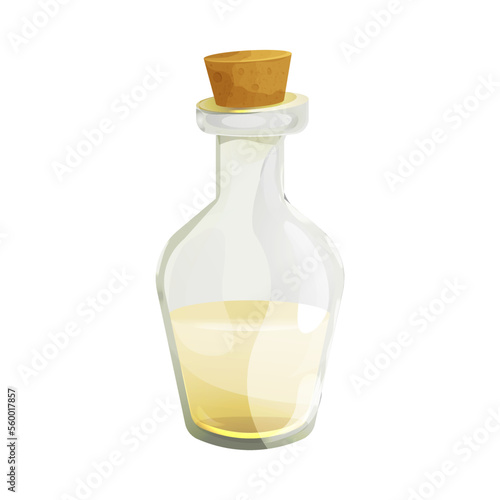 Vinegar in glass bottle with cork in cartoon style isolated on white background. Apple, wine liquid, dressing.