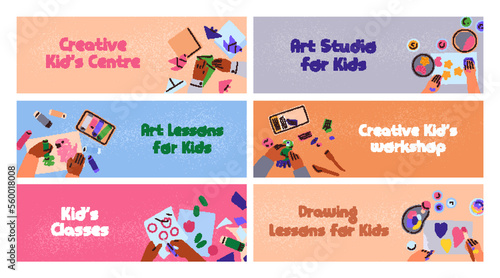 Kids arts and crafts class, ad background designs. Banners set with childrens...