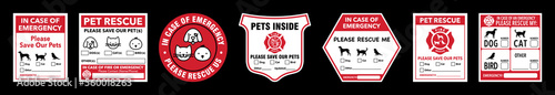 Emergency pet rescue tag vector set. Fire and emergency alerts to protect pets.