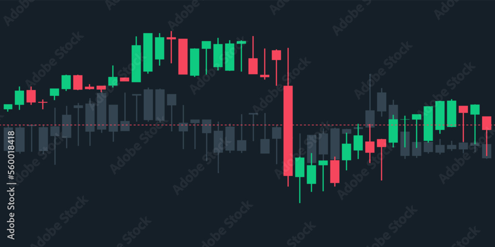 Two Japanese candlestick graph charts on dark blue background with dash line. Market investment. Forex trading, stock exchange and crypto price technical analysis vector illustration. Traders tool Two Japanese candlestick graph charts on dark blue background with dash line. Market investment. Forex trading, stock exchange and crypto price technical analysis vector illustration. Traders tool