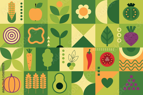 Organic fruit vegetable geometric pattern. Natural food background creative simple Bauhaus style, agriculture vector design. World Vegetarian Day. Meat-free delights. Local farmer's market. Vegetarian