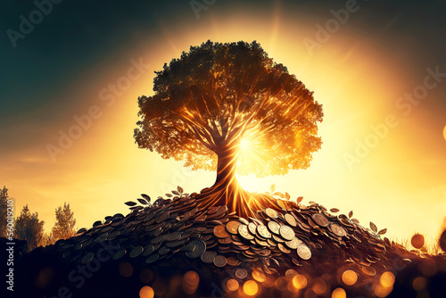 Fotografie, Obraz Large money tree on mountain of coins against background of rising sun