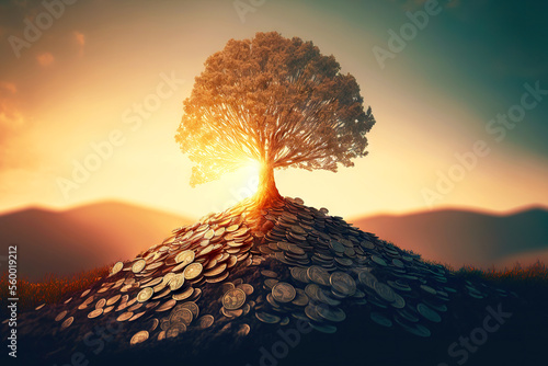 Fototapeta Large money tree on mountain of coins against background of rising sun
