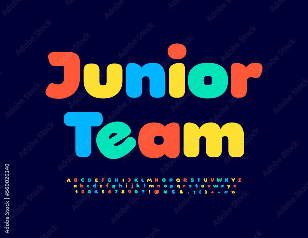 Vector bright poster Junior Team. Modern modern Font. Artistic Alphabet Letters and Numbers set