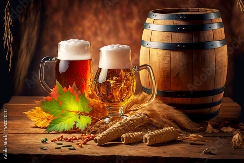 Fototapeta Beer ale and mead fermentation in wooden wine barrels