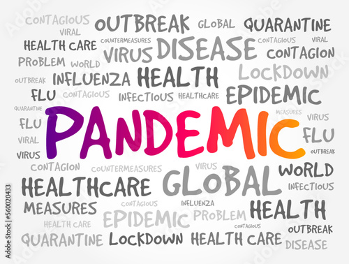 Pandemic is an epidemic of an infectious disease that has spread across a large region, continents or worldwide, word cloud concept background