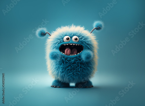 Cute fluffy monster on blue photo