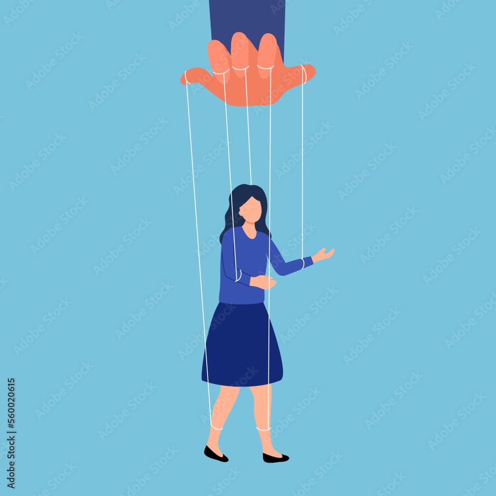 Hand manipulates businesswoman as a puppet in flat design vector illustration. Hand manipulates businesswoman as a puppet in flat design vector illustration.