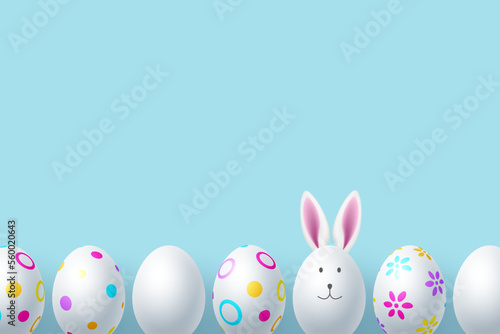 Painted Easter eggs with bunny face and ears. White egg border on turquoise background. Vector.