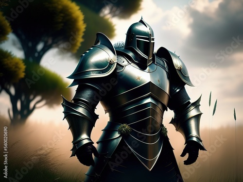 Medieval dark knight in iron armor, strong soldier