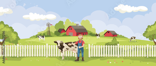 Cheerful farmer with his cows. Vector illustration, rural view -- fields and meadows, summertime.	