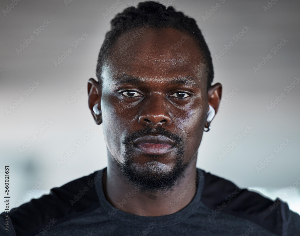 Black man, fitness portrait and music for exercise workout, cardio training and healthcare wellness outdoor. African athlete, focus face and audio motivation or sports runner or mindset vision Black man, fitness portrait and music for exercise workout, cardio training and healthcare wellness outdoor. African athlete, focus face and audio motivation or sports runner or mindset vision