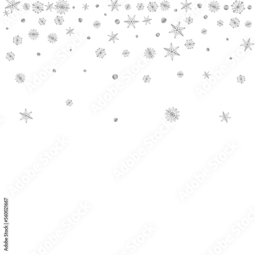 Grey Snowflake Background White Vector. Dot Decoration Texture. Silver Confetti Drop. Luminous Flying Illustration.