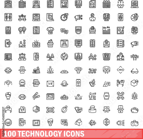 100 technology icons set. Outline illustration of 100 technology icons vector set isolated on white background