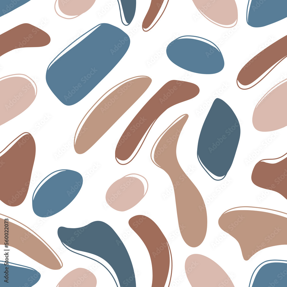 Seamless pattern in boho scandinavian manimal style with abstract shape figures. Warm palette terracotta, blue, beige. Textile, print, wrapping paper, clothes, round, line, spot, flat vector design.