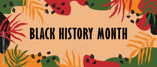 Black History Month abstract bright colorful horizontal long banner design with random organic shapes, palm leaves. Vector template for African American heritage Celebration in USA