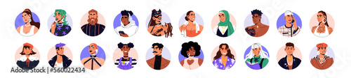 Fashion characters, avatars set. Creative personalities in modern trendy style. Diverse people, head portraits, user profiles in circles. Flat graphic vector illustrations isolated on white background