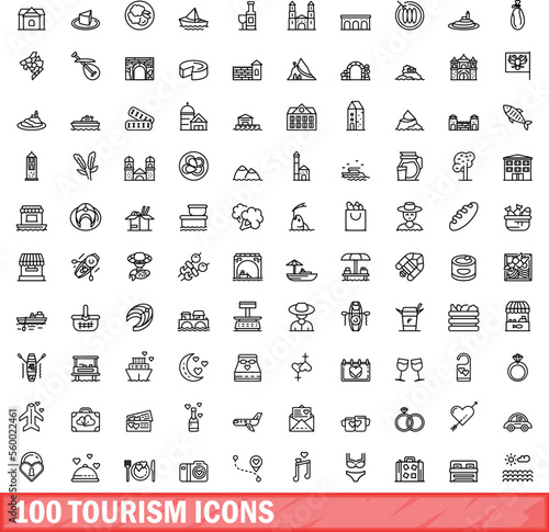 100 tourism icons set. Outline illustration of 100 tourism icons vector set isolated on white background