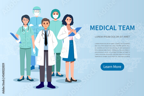 Medical Team . Doctor surgeon nurse assistant and PPE coat . Cartoon characters . Vector .