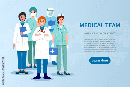 Medical Team . Doctor surgeon nurse assistant and PPE coat . Cartoon characters . Vector .