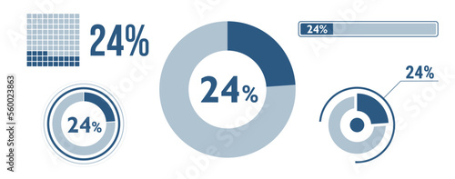 24% percentage infographic set. Twenty-four circle diagram, pie donut chart, progress bar. 24 percent loading data icon. Vector concept collection.