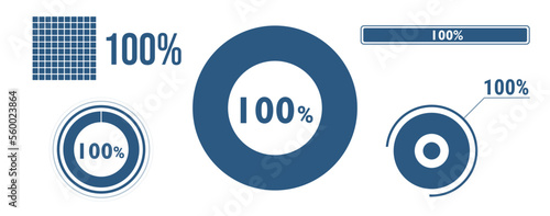 100% percentage infographic set. Hundred circle diagram, pie donut chart, progress bar. 100 percent loading data icon. Vector concept collection. photo
