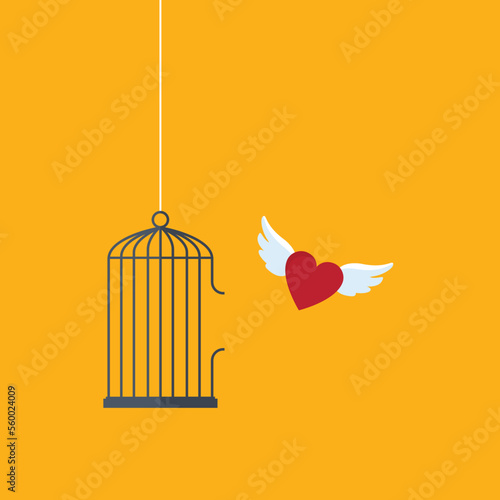Flying heart and cage. Freedom concept. Emotion of freedom and happiness. Minimalist style. 