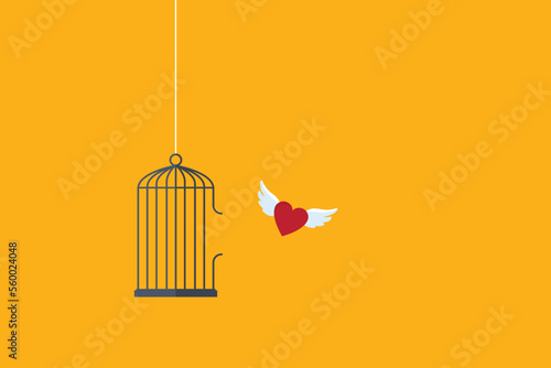 Flying heart and cage. Freedom concept. Emotion of freedom and happiness. Minimalist style.	