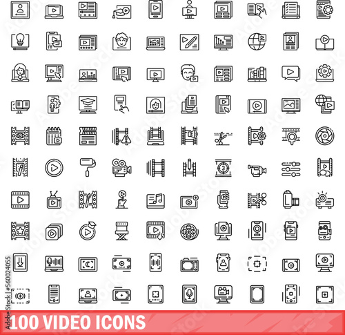 100 video icons set. Outline illustration of 100 video icons vector set isolated on white background