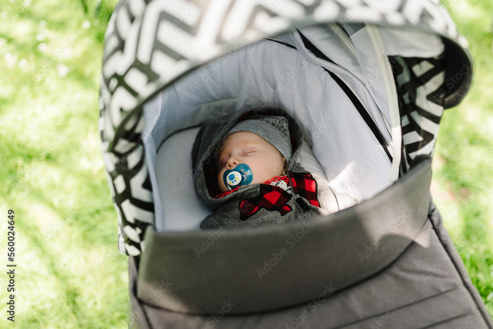 Baby boy in jacket and hat sleeping in modern stroller on a walk in a park. Child in buggy. Close Up of stroller with newborn. Top view. Stock Foto Adobe Stock