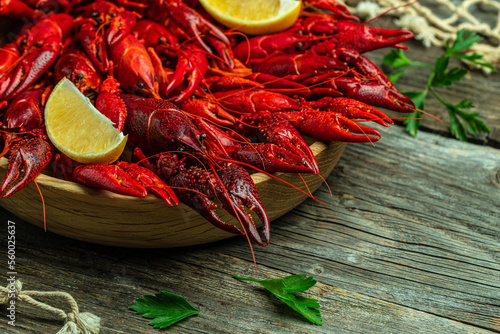 Lobster closeup. Red crayfish on a wooden background. Beer brewery concept. Snack for beer. place for text, top view
