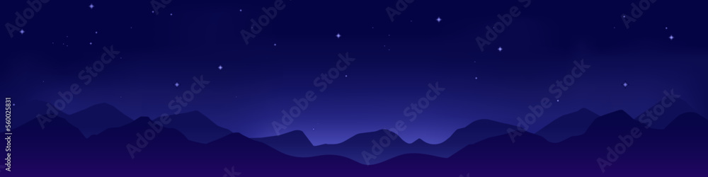 Night landscape. Night starry sky background. vector mountains landscape illustration.