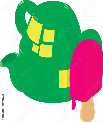 Sweet food icon isometric vector. Bright green teapot and fruit ice cream icon. Summer drink and snack