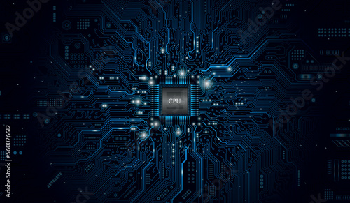 CPU Chip on Motherboard. Central Computer Processors CPU concept. Quantum computer, large data processing, database concept. Futuristic microchip processor. Digital chip.