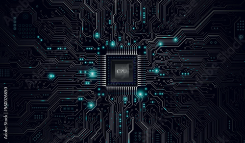 CPU Chip on Motherboard. Central Computer Processors CPU concept. Quantum computer, large data processing, database concept. Futuristic microchip processor. Digital chip.