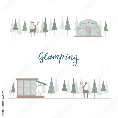 Concept vector forest with wild deer, glamping house. Wood, glass cottage, bubble for convenient contryside life