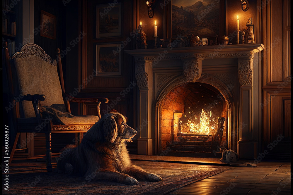 Naklejka premium The dog lies on the floor near the fireplace. AI generated.