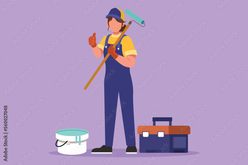 Fototapeta premium Graphic flat design drawing handywoman standing holding long roll paintbrush with thumbs up gesture and toolbox. Ready to home service, housing renovation decoration. Cartoon style vector illustration
